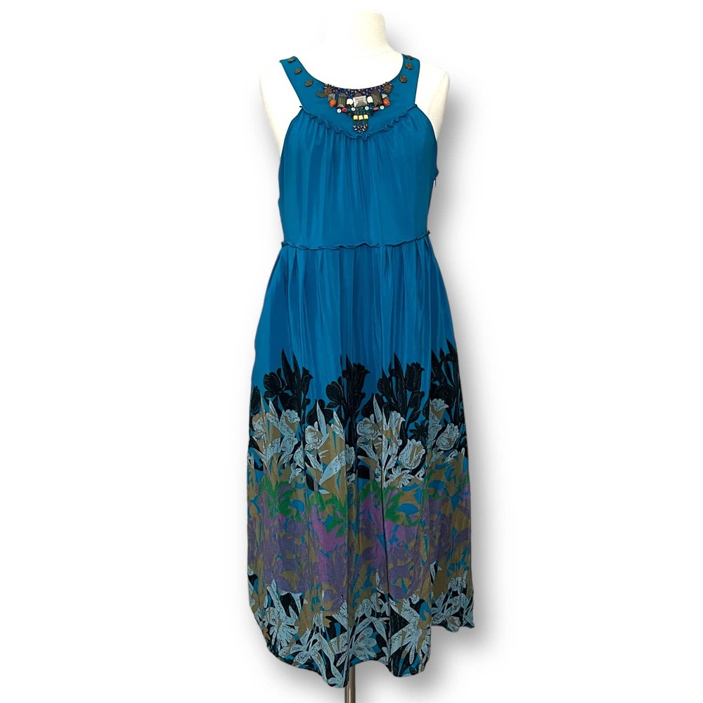 Anthropologie MOULINETTE SOEURS Women's Blue Floral Silk Island Nightfall Dress
